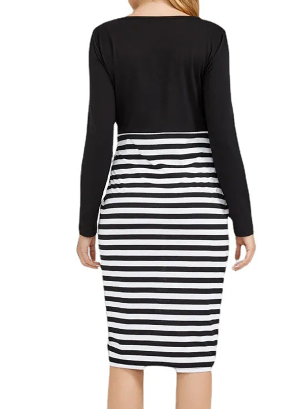 Maternity Dress - Long Sleeve Round Neck Striped Knit Dress