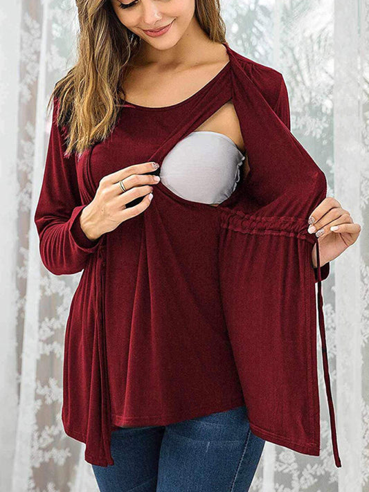 Nursing Top - Long Sleeve Tie Front Breastfeeding Maternity Top Red