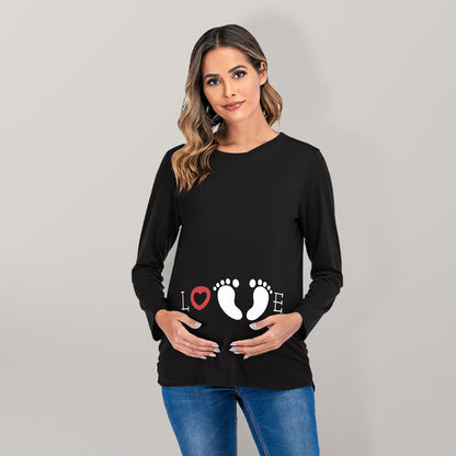 Women's Round Neck Small Feet Print Maternity Top Black