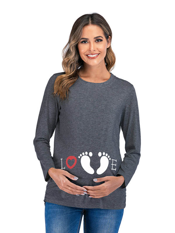 Women's Round Neck Small Feet Print Maternity Top