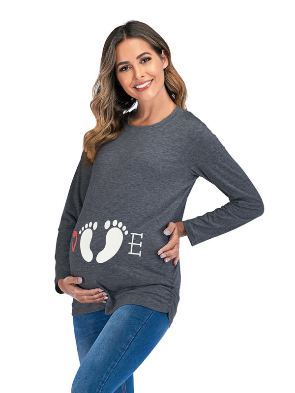 Women's Round Neck Small Feet Print Maternity Top Charcoal grey