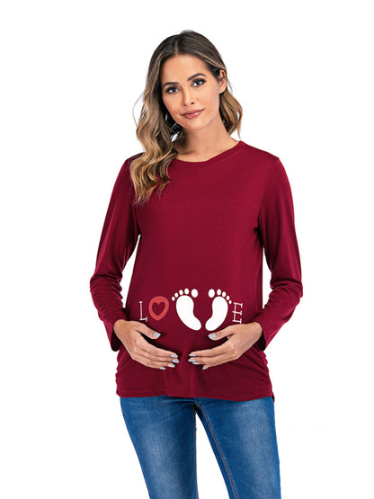 Women's Round Neck Small Feet Print Maternity Top Wine Red
