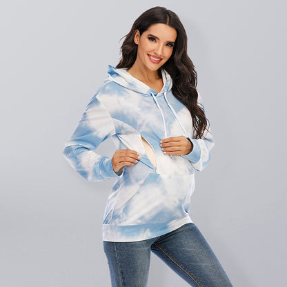 Women's Tie Dye Breastfeeding Loose Maternity Hoodies Blue