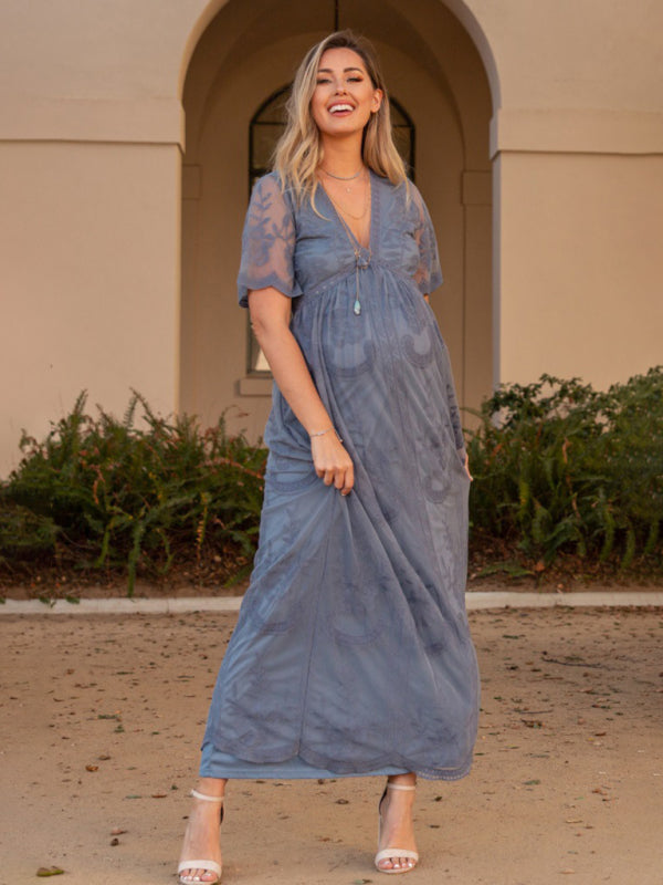 Maternity Lace Dress - Short Sleeve V-Neck High Waist Dress Blue