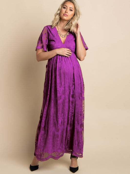 Maternity Lace Dress - Short Sleeve V-Neck High Waist Dress Purple