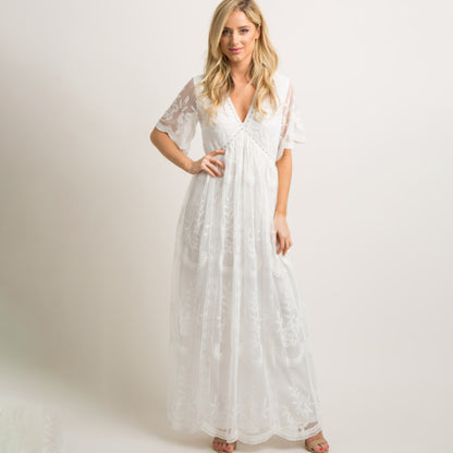 Maternity Lace Dress - Short Sleeve V-Neck High Waist Dress White