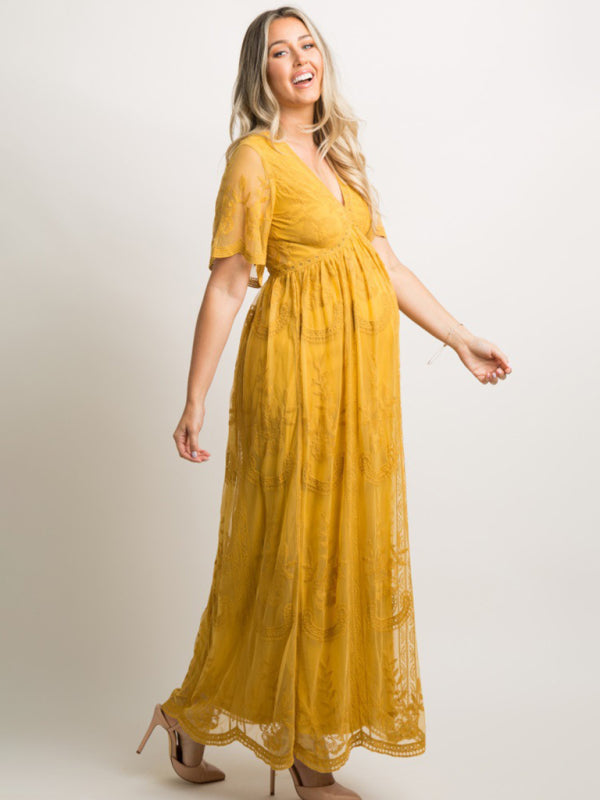 Maternity Lace Dress - Short Sleeve V-Neck High Waist Dress Yellow