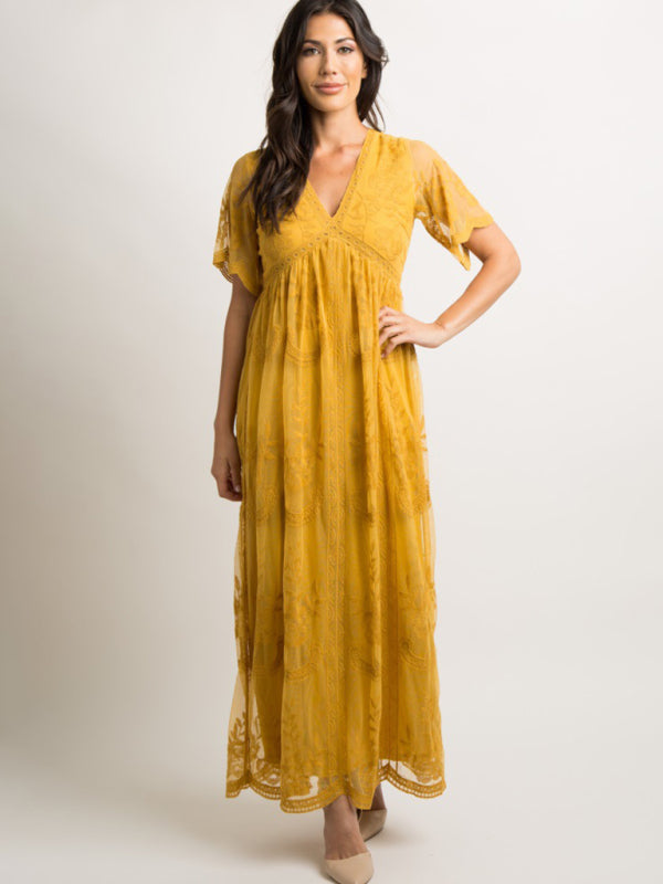 Maternity Lace Dress - Short Sleeve V-Neck High Waist Dress