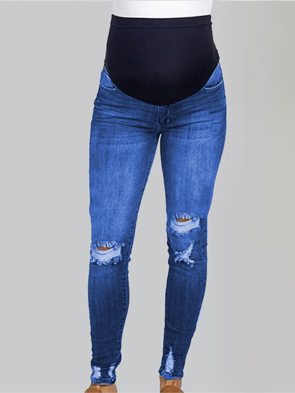 Maternity Jeans - High Waist Belly Support Casual Pants Blue