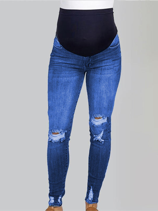 Maternity Jeans - High Waist Belly Support Casual Pants Blue