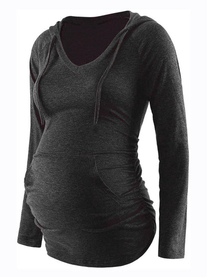 Maternity solid color hooded pocket long-sleeved T-shirt Black