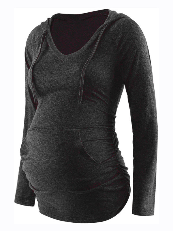 Maternity solid color hooded pocket long-sleeved T-shirt Black
