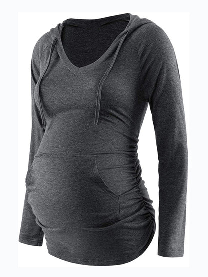 Maternity solid color hooded pocket long-sleeved T-shirt Charcoal grey