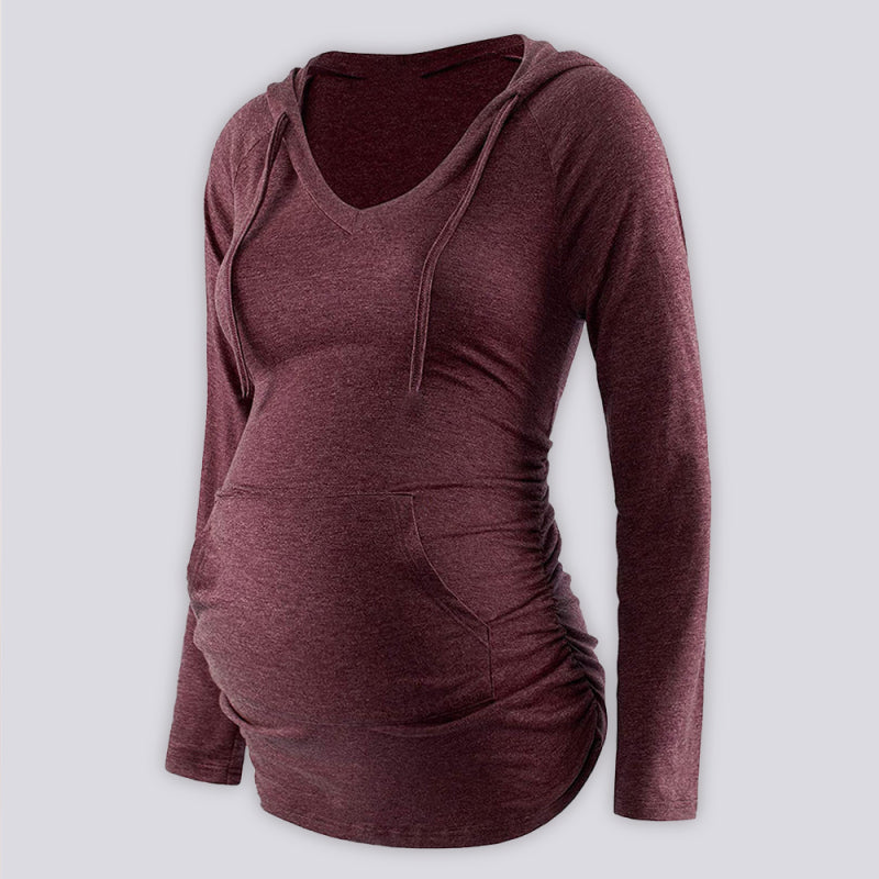 Maternity solid color hooded pocket long-sleeved T-shirt Red