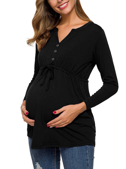 Maternity Cardigan - Long Sleeve V-Neck Drawstring Button Top