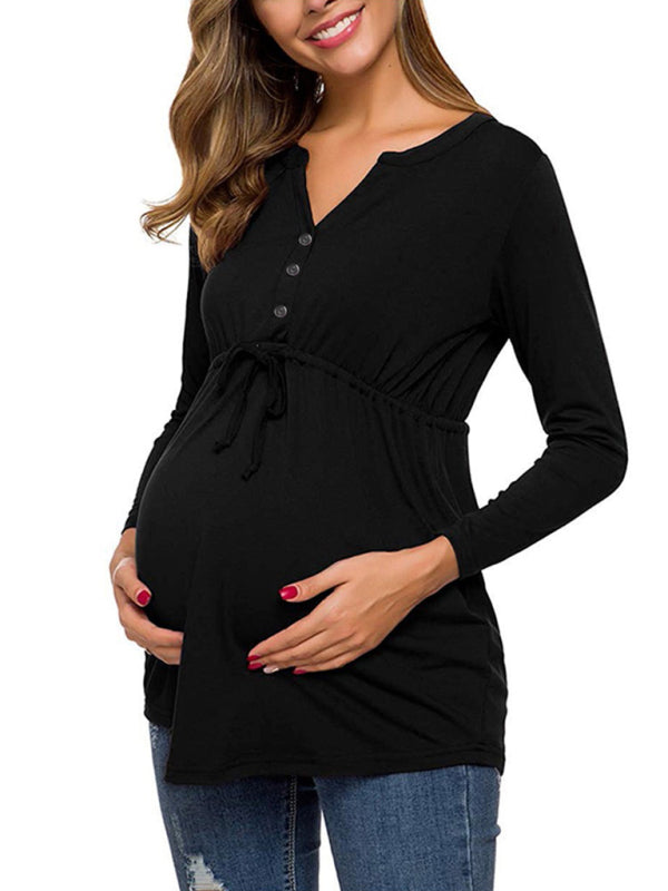 Maternity Cardigan - Long Sleeve V-Neck Drawstring Button Top