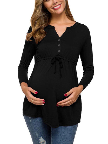 Maternity Cardigan - Long Sleeve V-Neck Drawstring Button Top Black