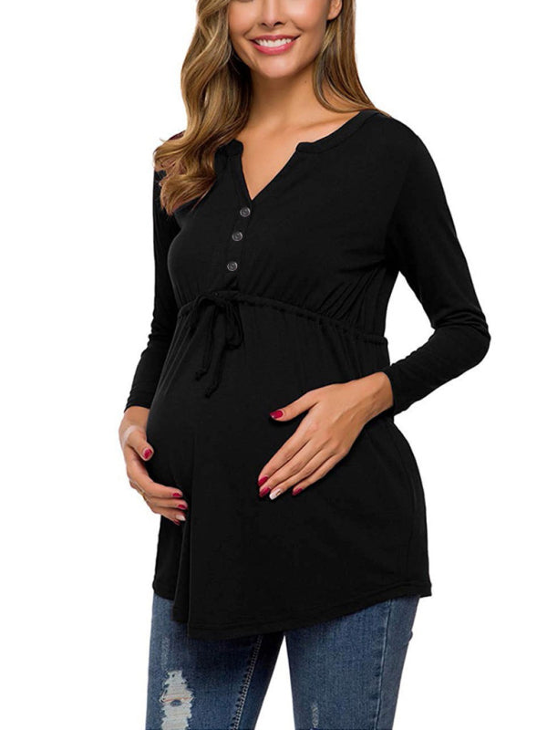 Maternity Cardigan - Long Sleeve V-Neck Drawstring Button Top