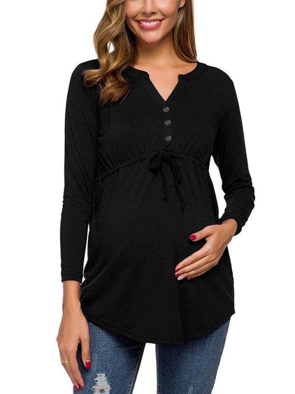 Maternity Cardigan - Long Sleeve V-Neck Drawstring Button Top