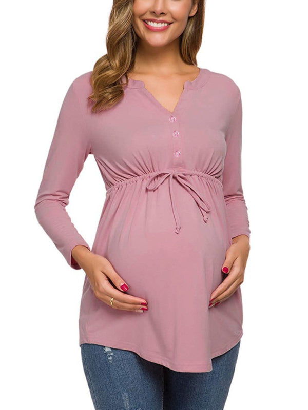 Maternity Cardigan - Long Sleeve V-Neck Drawstring Button Top