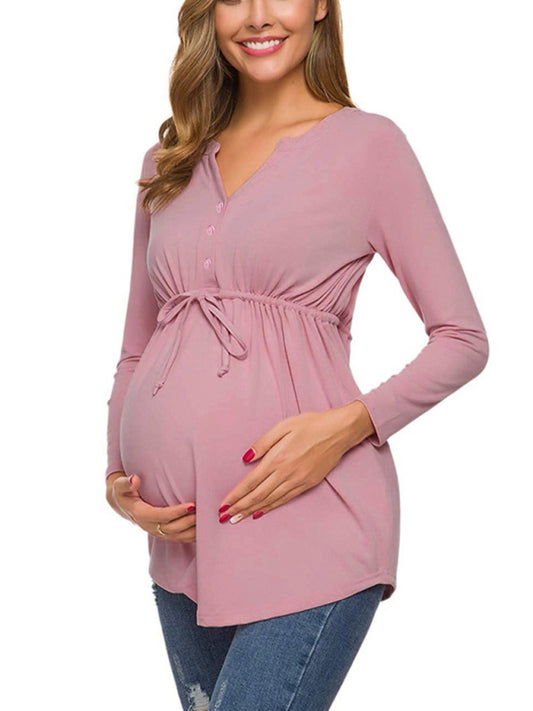 Maternity Cardigan - Long Sleeve V-Neck Drawstring Button Top