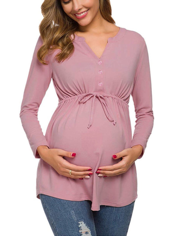 Maternity Cardigan - Long Sleeve V-Neck Drawstring Button Top Pink