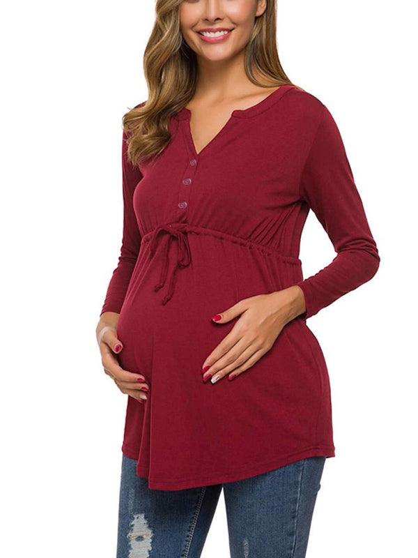 Maternity Cardigan - Long Sleeve V-Neck Drawstring Button Top