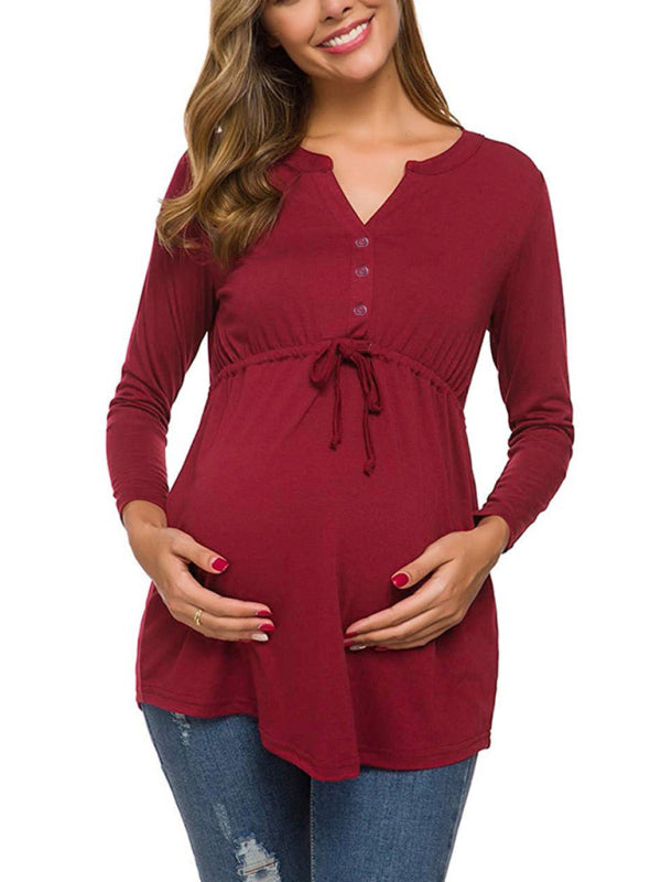 Maternity Cardigan - Long Sleeve V-Neck Drawstring Button Top