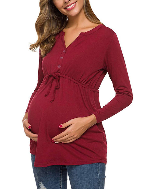 Maternity Cardigan - Long Sleeve V-Neck Drawstring Button Top