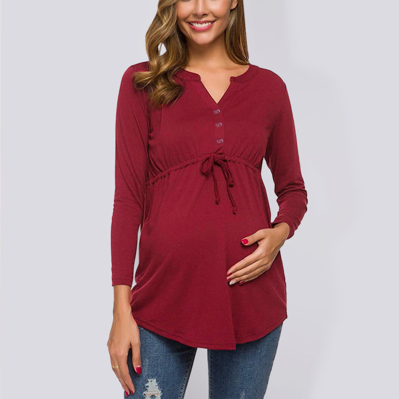 Maternity Cardigan - Long Sleeve V-Neck Drawstring Button Top Red