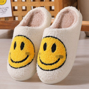 Colorful smiley face pattern cotton slippers indoor home plush warm slippers White