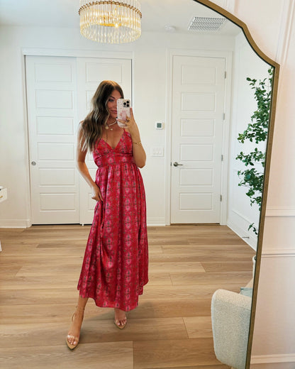 Joyful Pink Floral Satin Maxi Dress-FINAL SALE
