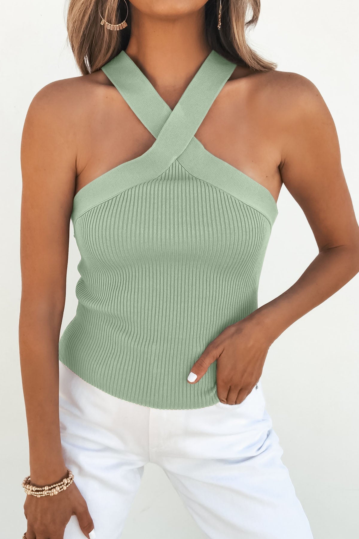Kacey Ribbed Halter Neck Top - Sage - FINAL SALE