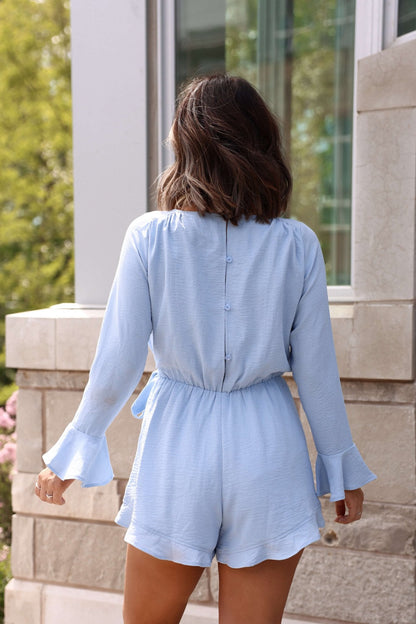 Karen Blue Wrapped Tie Front Romper - FINAL SALE