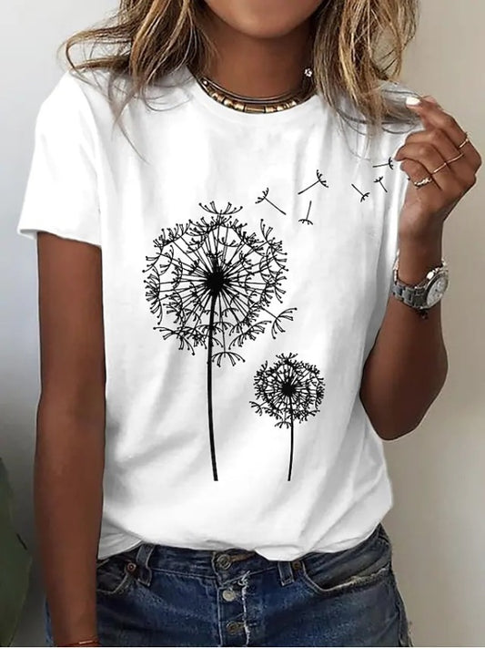 Dandelion Print Sleeveless Tank Top Polyester Women's Knit Tee White