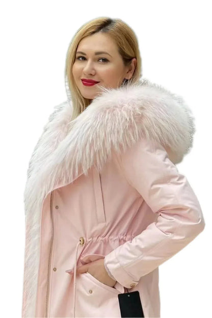 Genuine Fur Parka with Rabbit Fur Insulation Pastel Pink
