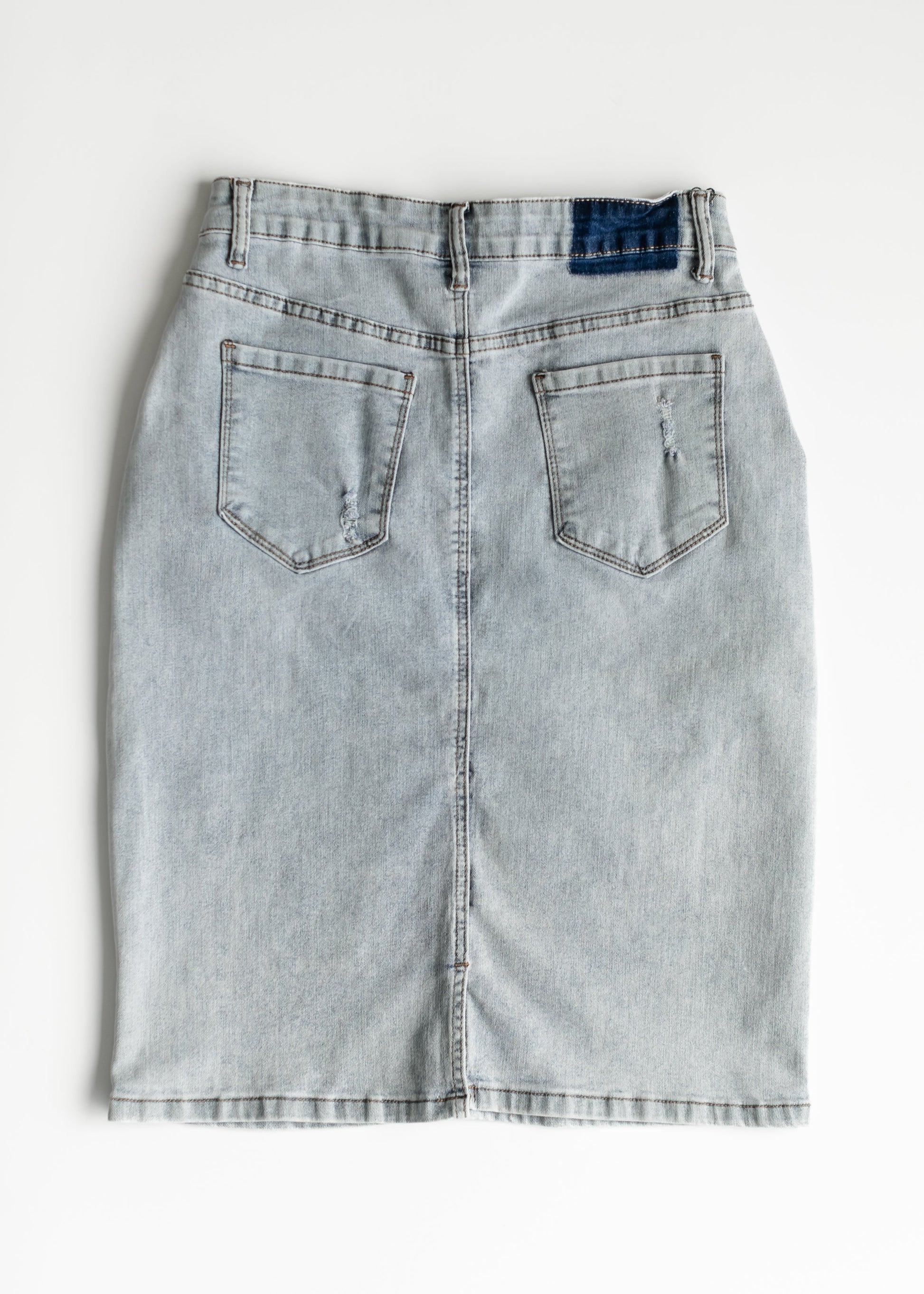 Maelia Distressed Denim Midi Skirt