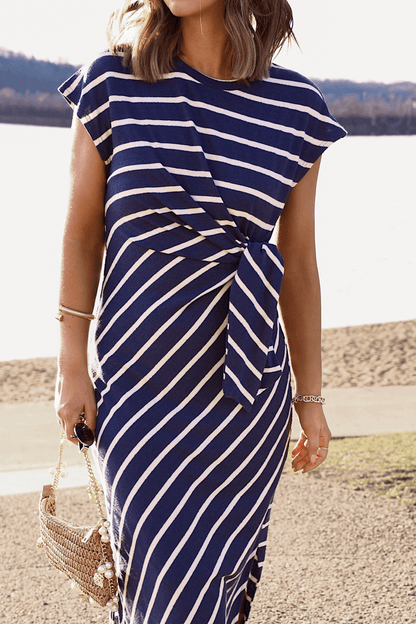 Marina Mornings Navy Striped Midi Tie Dress - FINAL SALE