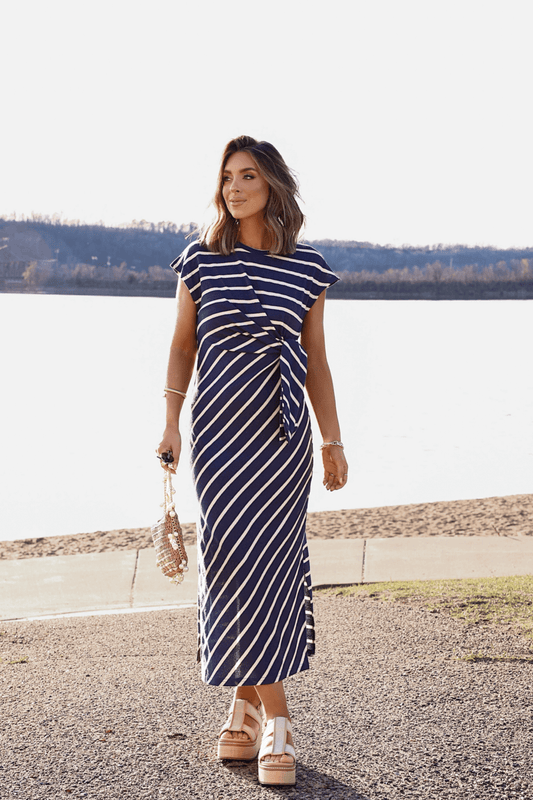 Marina Mornings Navy Striped Midi Tie Dress - FINAL SALE