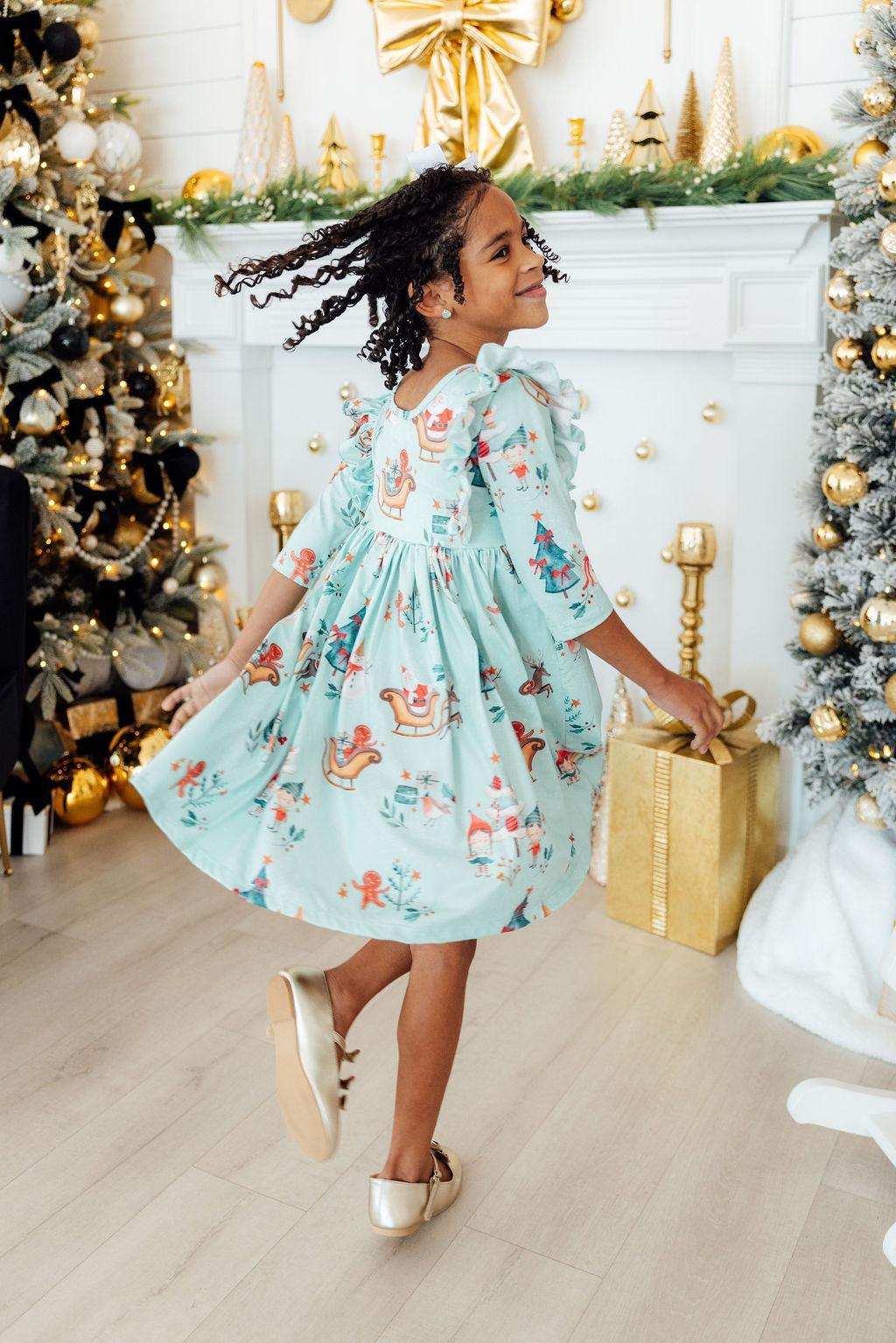 Believe in Your Elf 3/4 Sleeve Ruffle Twirl Dress