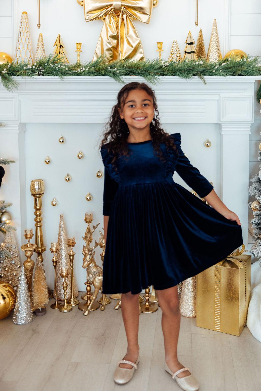 Navy Velvet Ruffle Twirl Dress