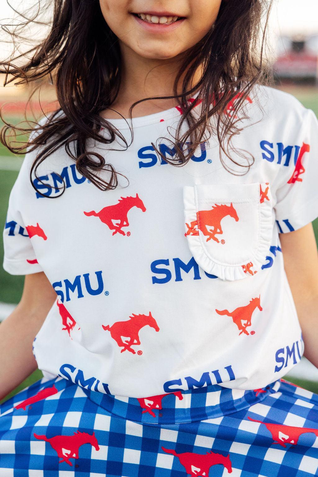 SMU White Mustang Ruffle Pocket Tee