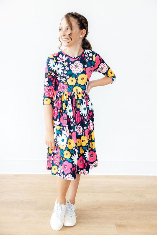 Midnight Floral 3/4 Sleeve Pocket Twirl Dress