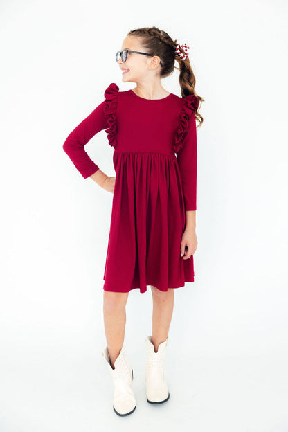 Burgundy L/S Ruffle Twirl Dress