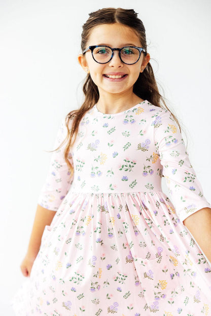 Pastel Petals 3/4 Sleeve Pocket Twirl Dress