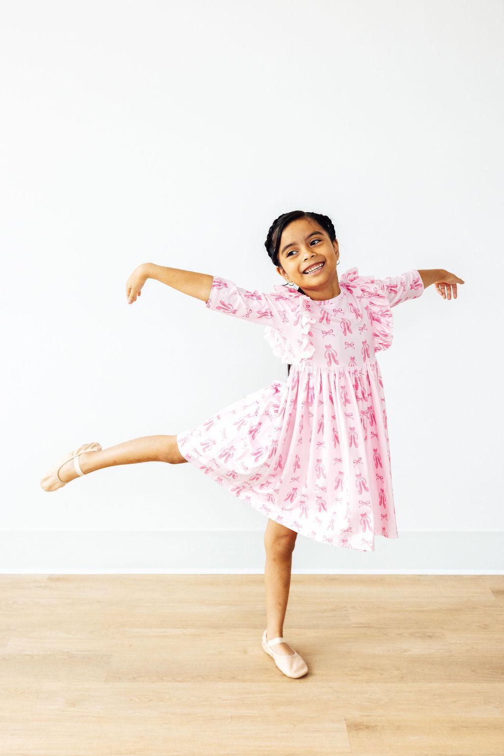 Twirling en Pointe 3/4 Sleeve Ruffle Twirl Dress