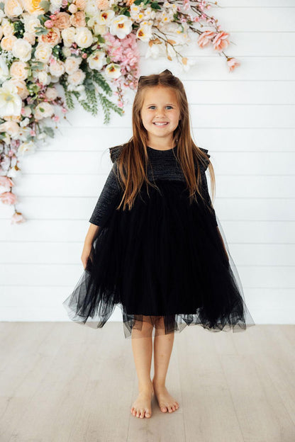 Black Shimmer 3/4 Sleeve Tutu Dress