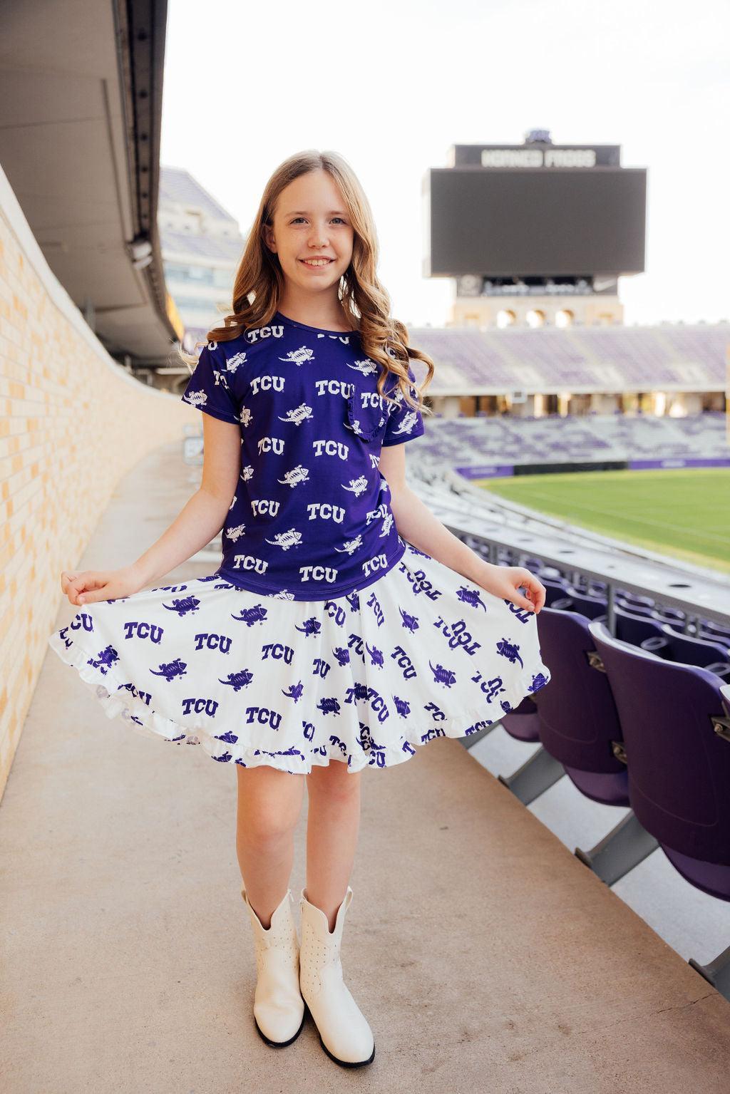 TCU White Frog Ruffle Twirl Skort