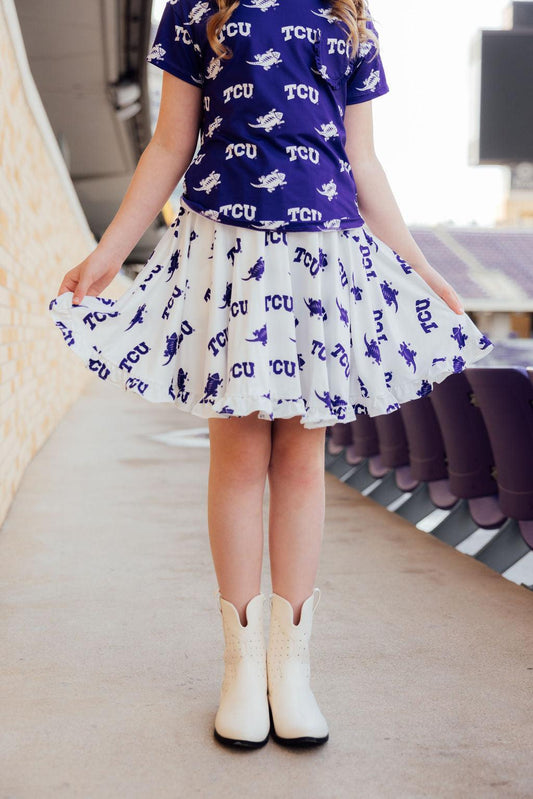 TCU White Frog Ruffle Twirl Skort