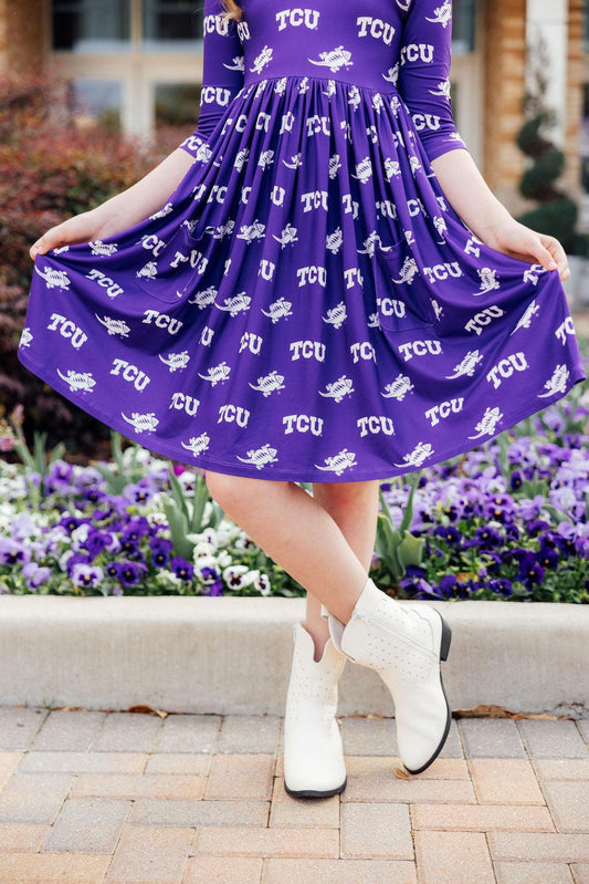 TCU Purple Frog 3/4 Sleeve Pocket Twirl Dress